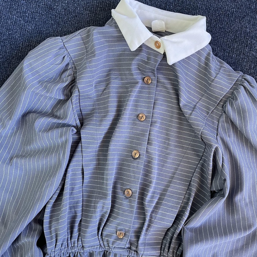 Vintage Striped Shirt Dress Girls 7 Blue White Collar Cuff Puff Sleeve Midi
